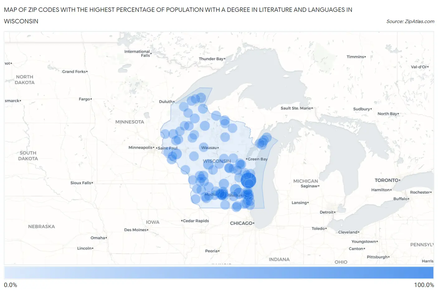 Zip Codes with the Highest Percentage of Population with a Degree in Literature and Languages in Wisconsin Map