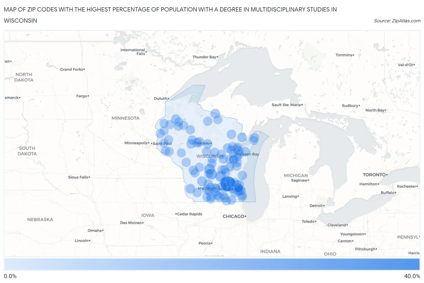 Zip Codes with the Highest Percentage of Population with a Degree in Multidisciplinary Studies in Wisconsin Map