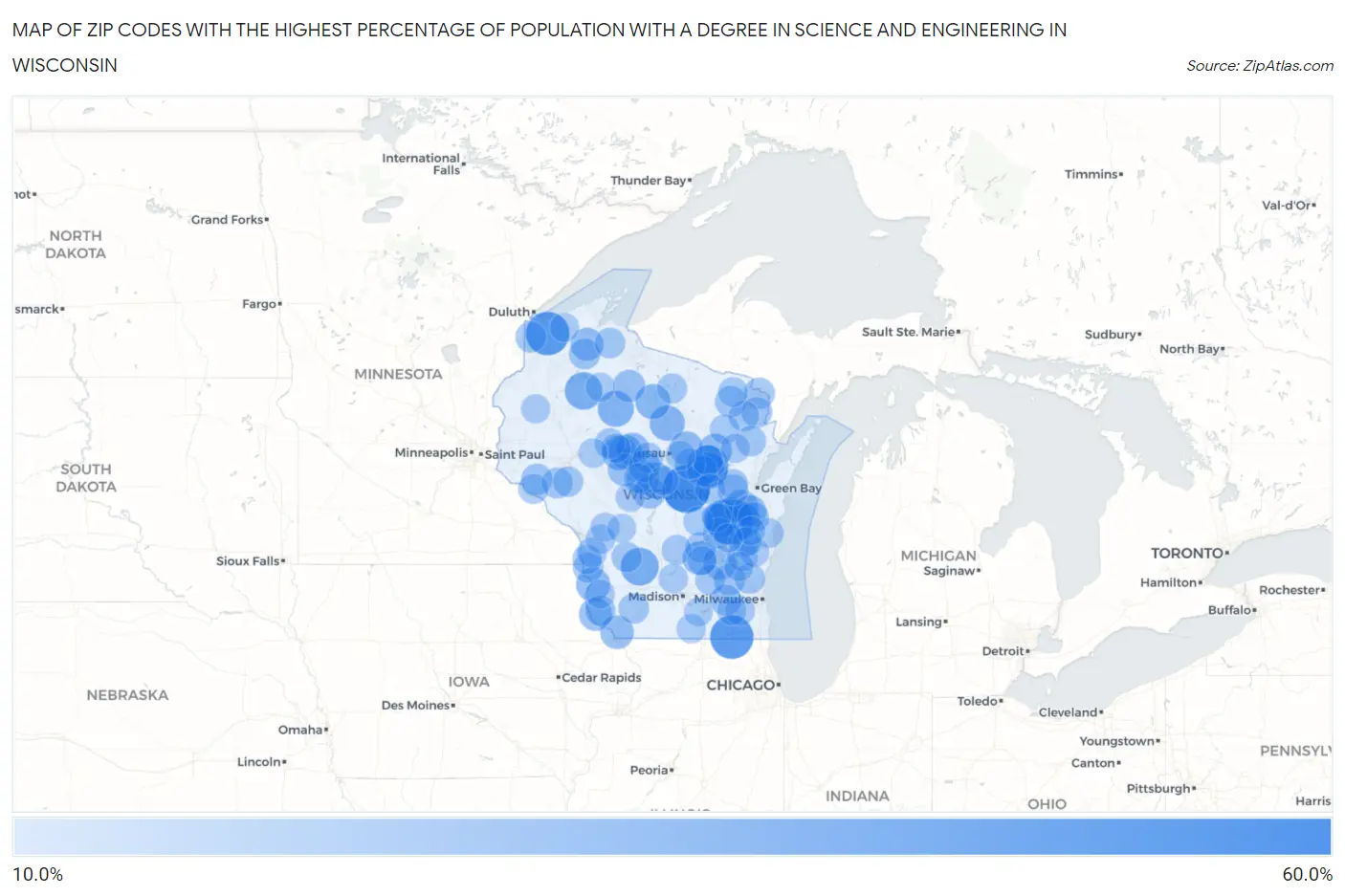 Zip Codes with the Highest Percentage of Population with a Degree in Science and Engineering in Wisconsin Map