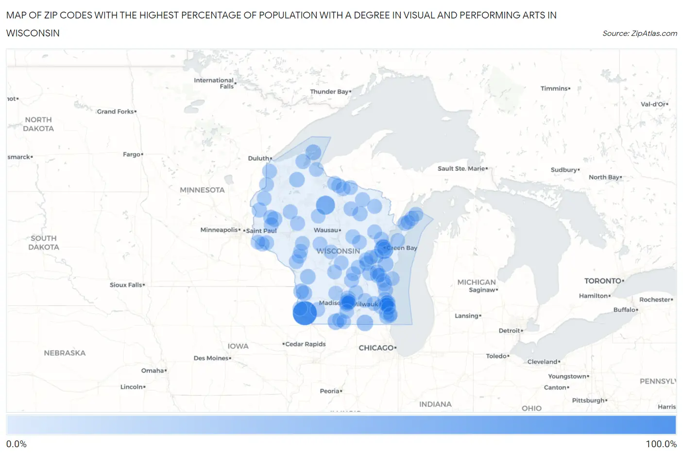 Zip Codes with the Highest Percentage of Population with a Degree in Visual and Performing Arts in Wisconsin Map
