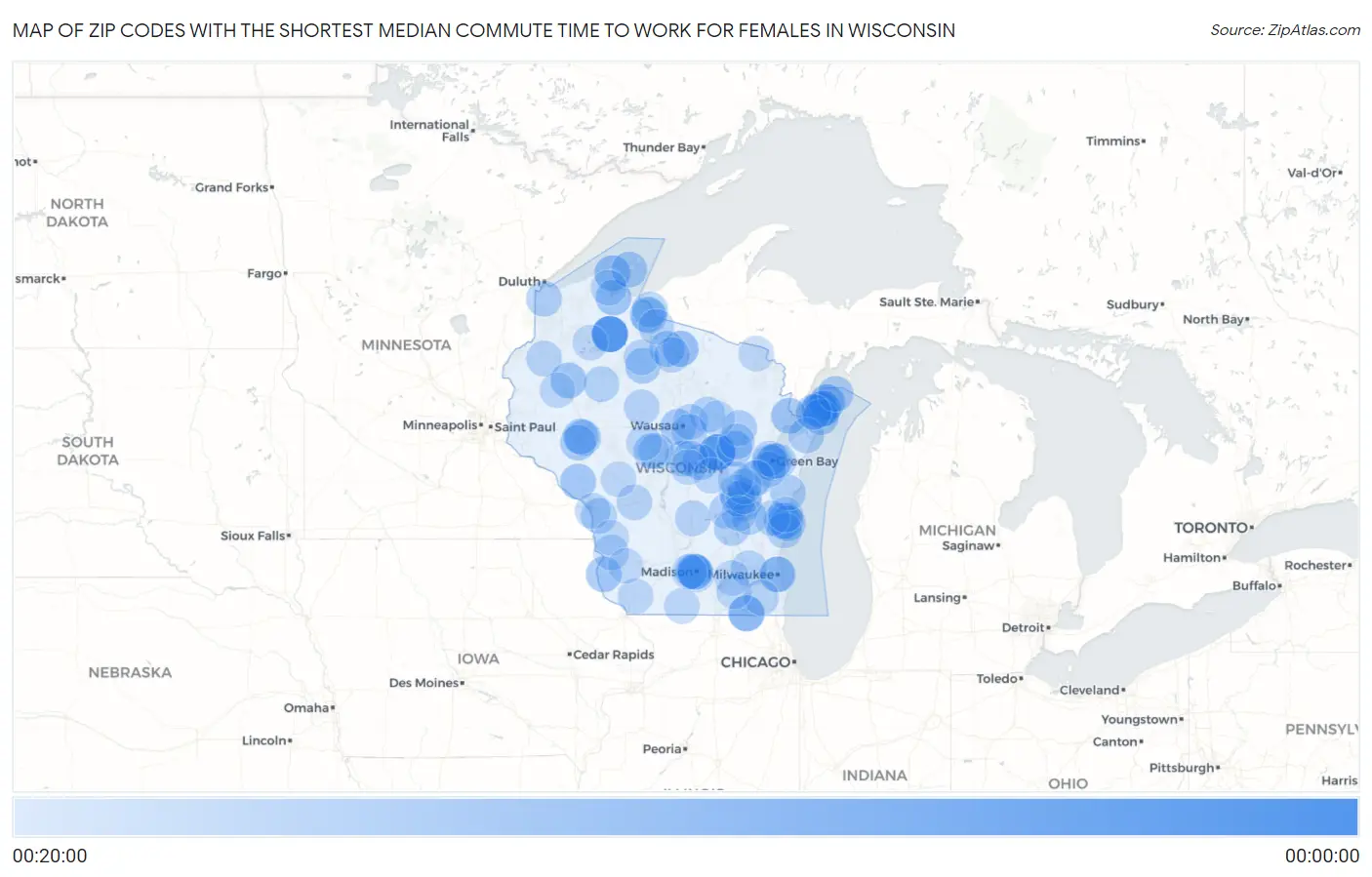 Zip Codes with the Shortest Median Commute Time to Work for Females in Wisconsin Map