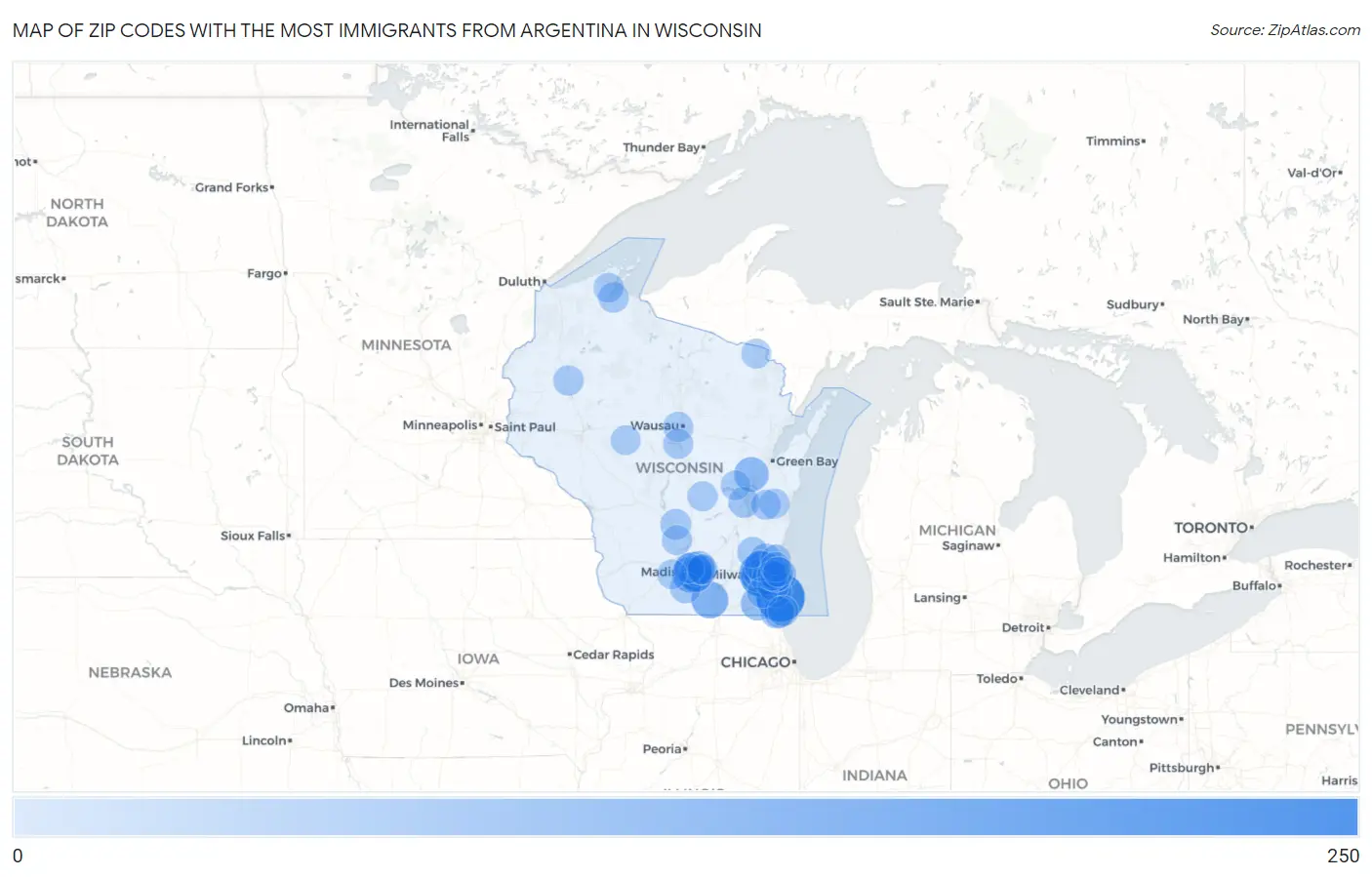 Zip Codes with the Most Immigrants from Argentina in Wisconsin Map