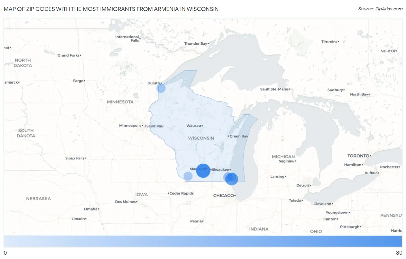 Zip Codes with the Most Immigrants from Armenia in Wisconsin Map