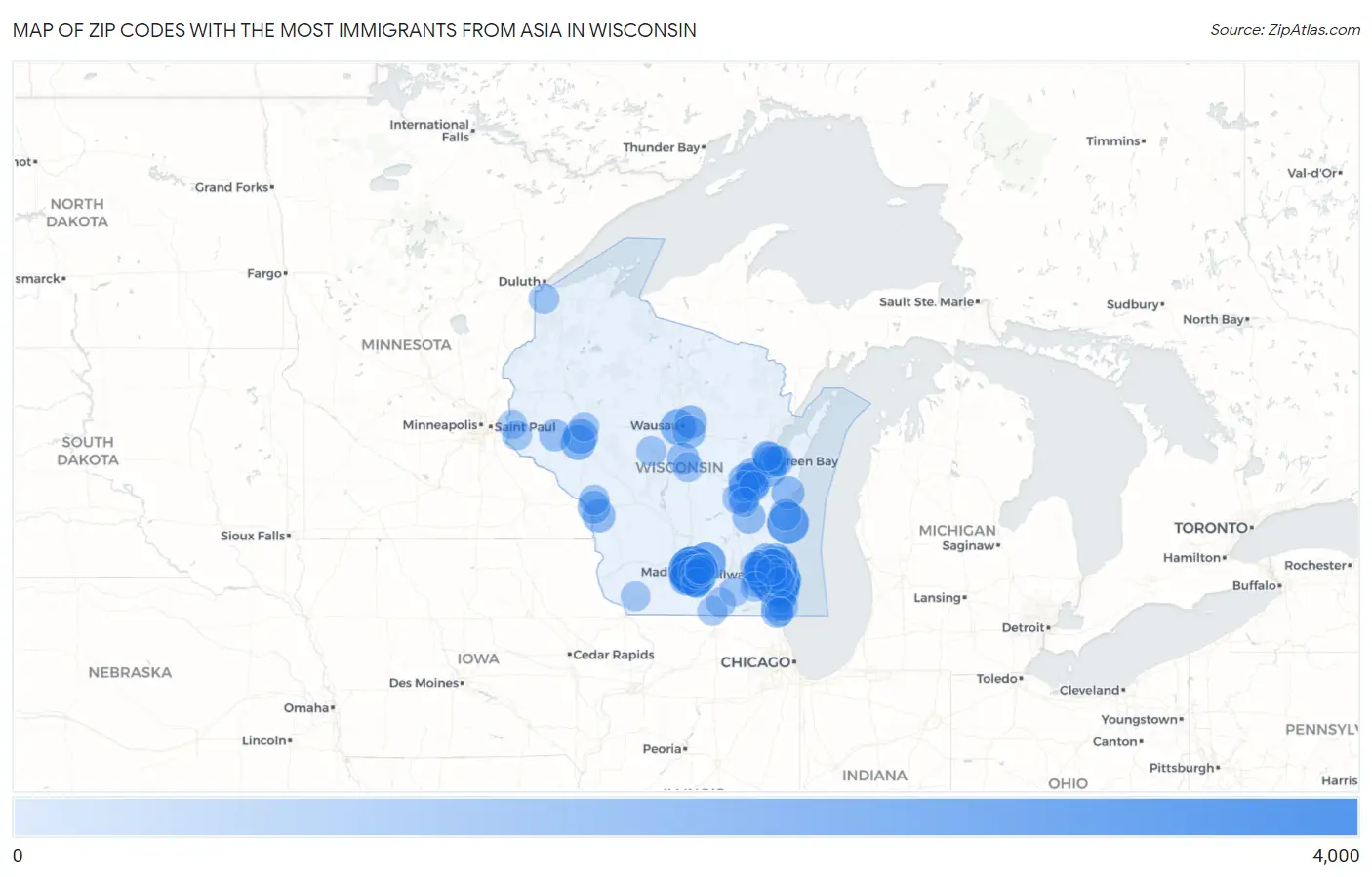 Zip Codes with the Most Immigrants from Asia in Wisconsin Map