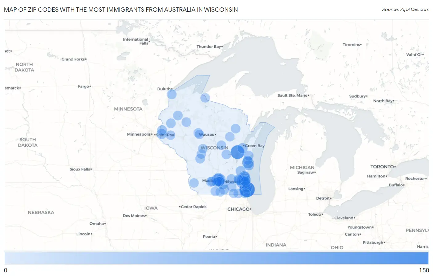 Zip Codes with the Most Immigrants from Australia in Wisconsin Map
