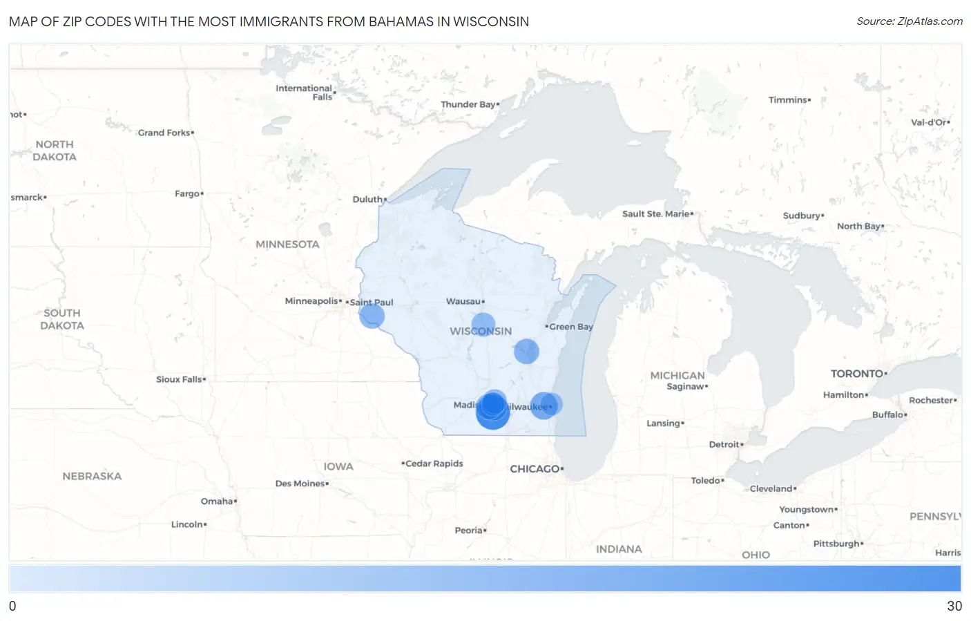 Zip Codes with the Most Immigrants from Bahamas in Wisconsin Map