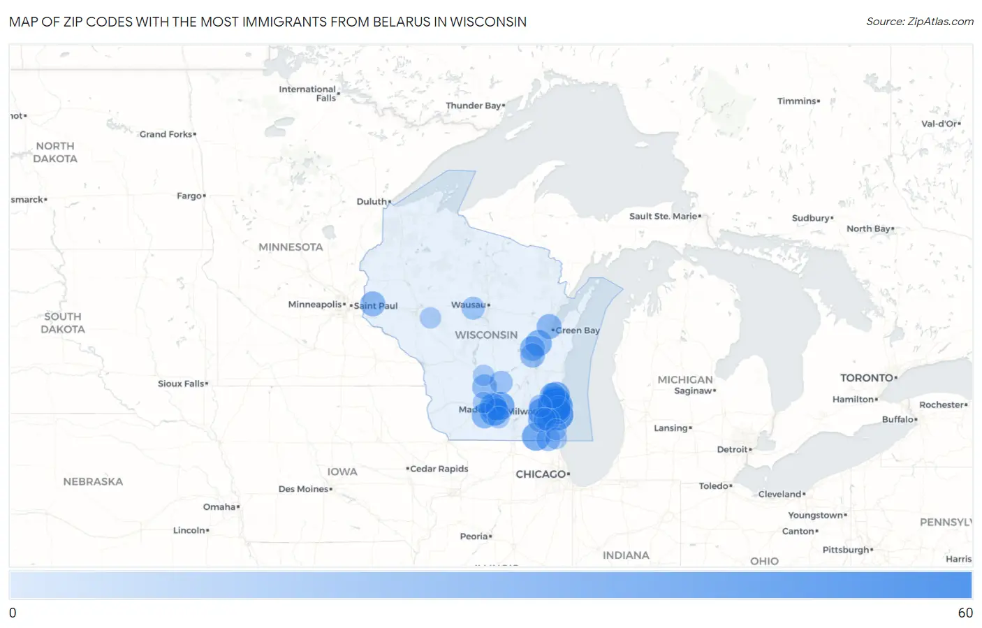 Zip Codes with the Most Immigrants from Belarus in Wisconsin Map