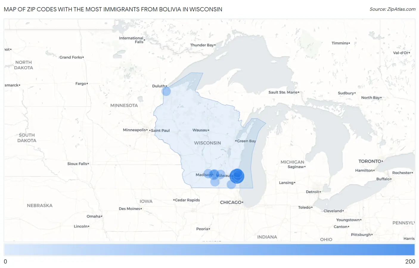 Zip Codes with the Most Immigrants from Bolivia in Wisconsin Map