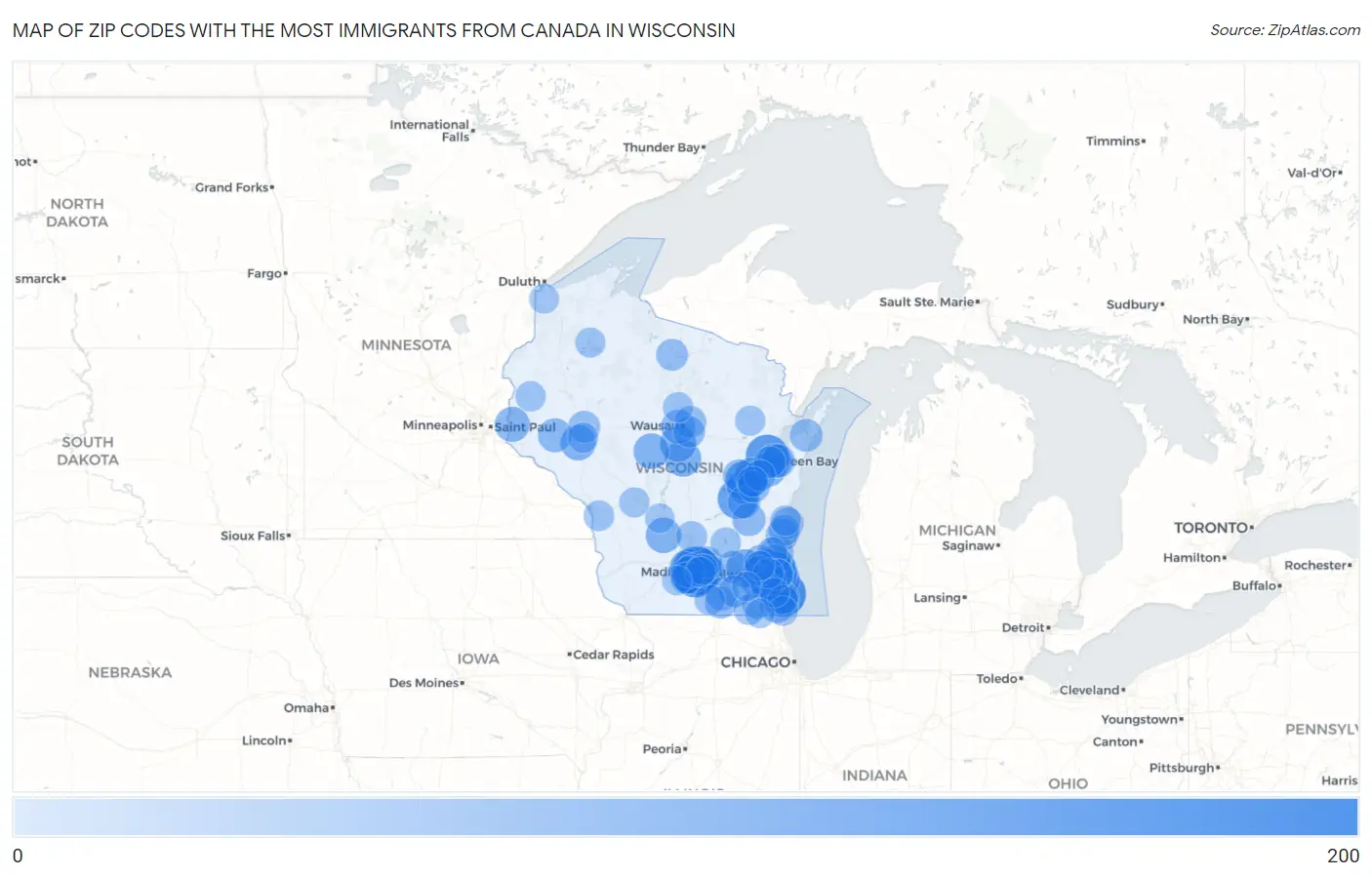 Zip Codes with the Most Immigrants from Canada in Wisconsin Map