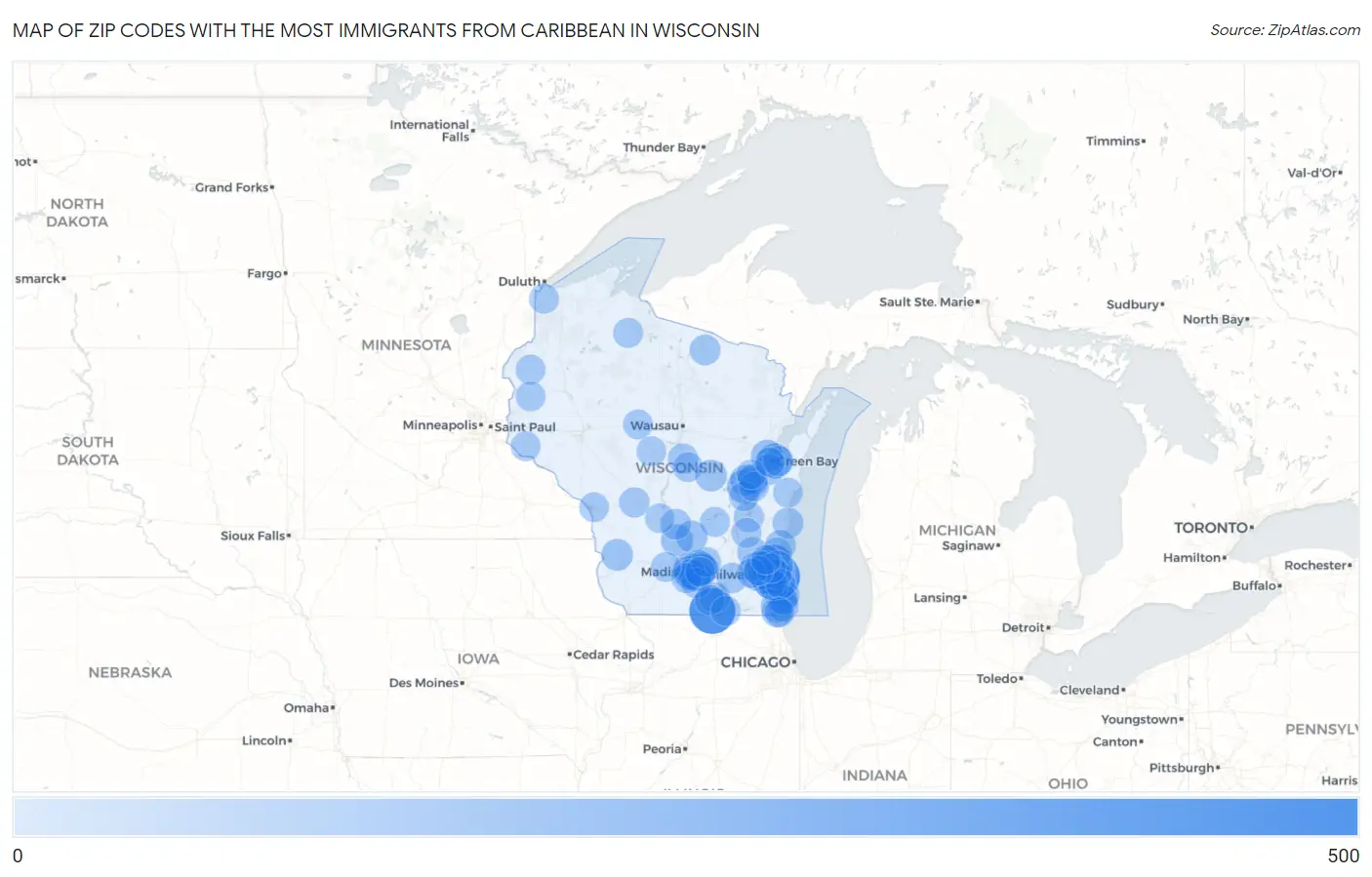 Zip Codes with the Most Immigrants from Caribbean in Wisconsin Map