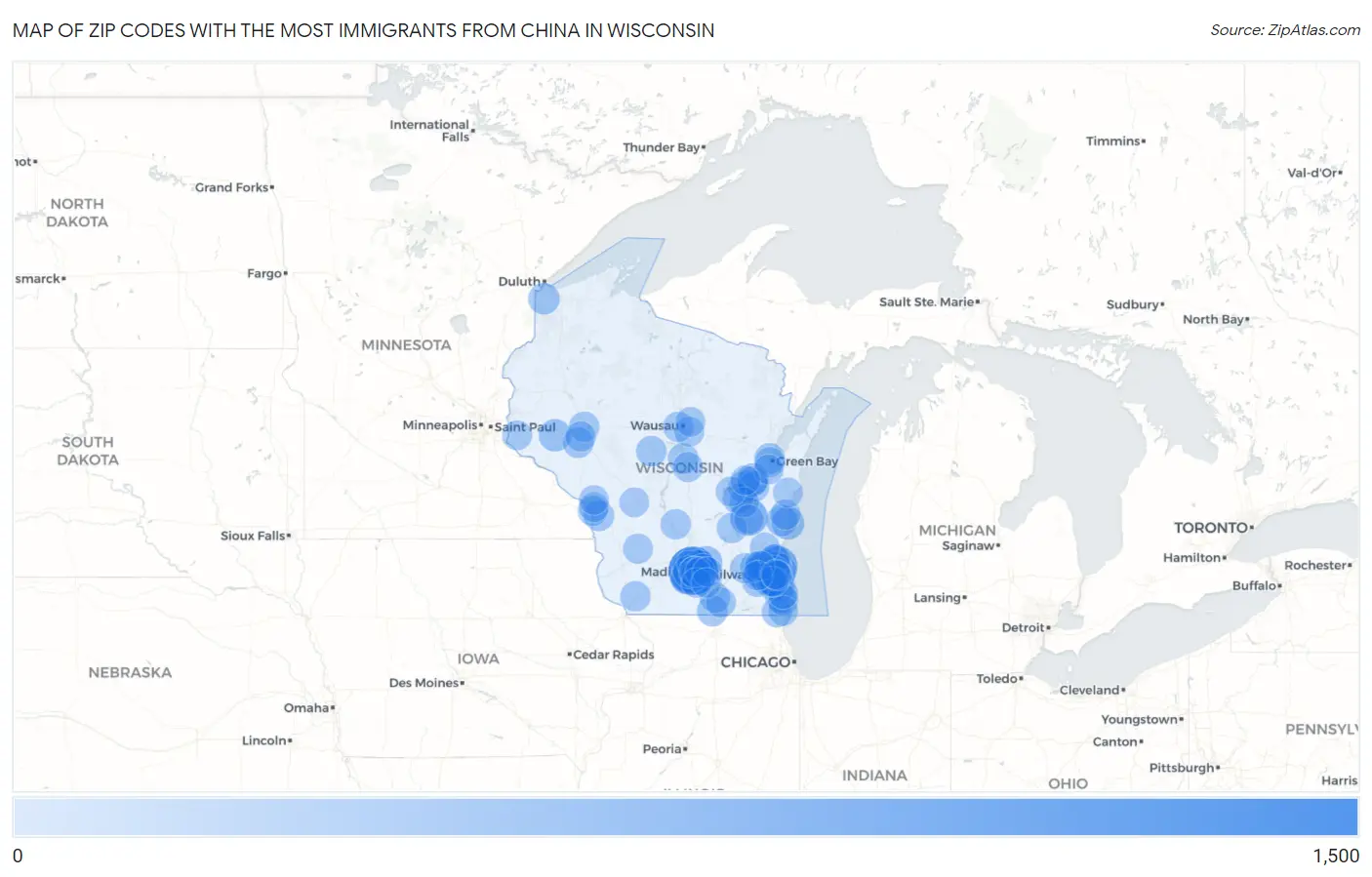 Zip Codes with the Most Immigrants from China in Wisconsin Map