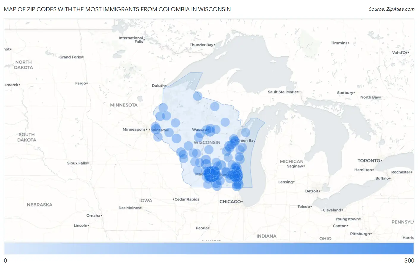 Zip Codes with the Most Immigrants from Colombia in Wisconsin Map