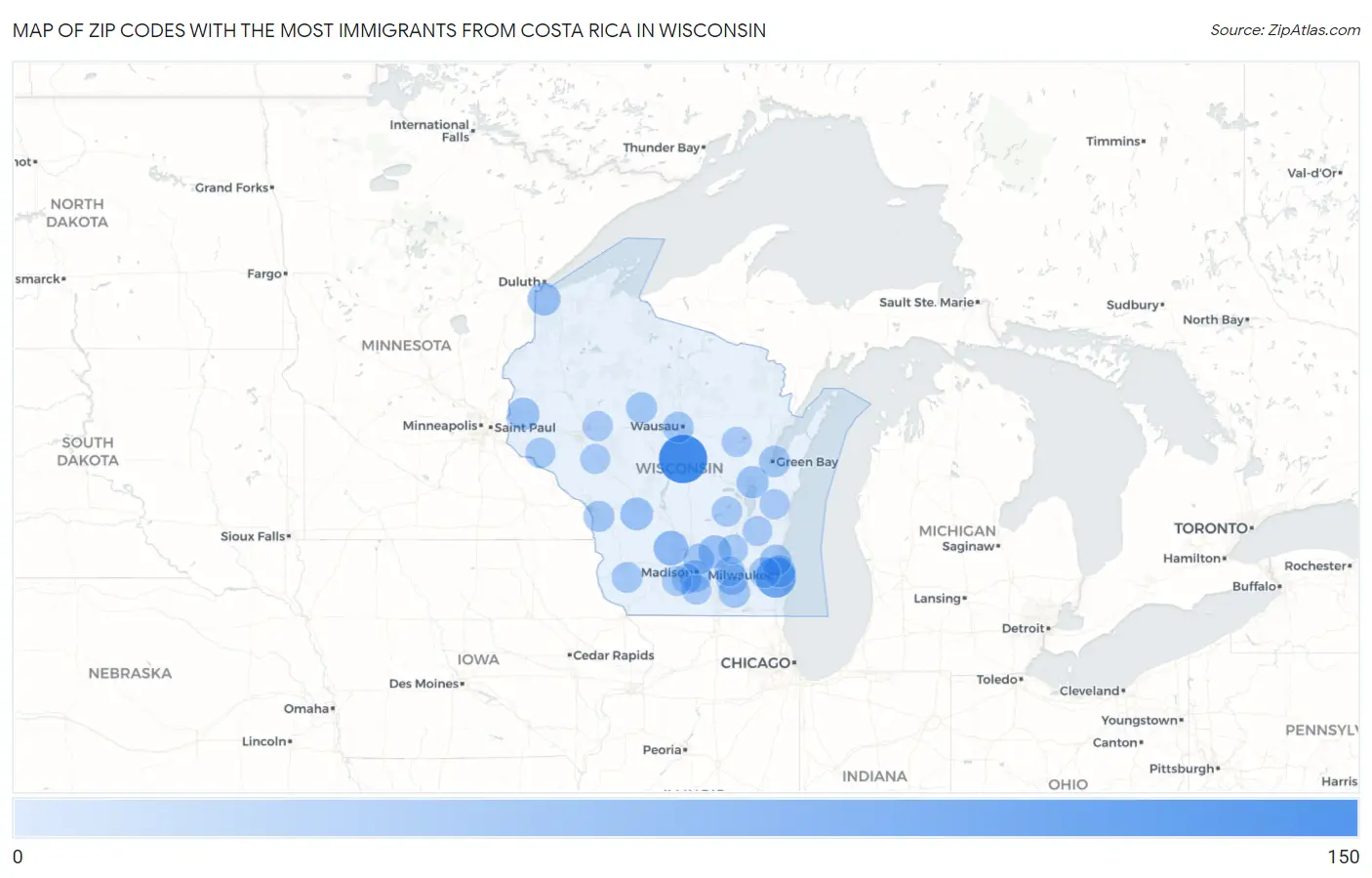 Zip Codes with the Most Immigrants from Costa Rica in Wisconsin Map