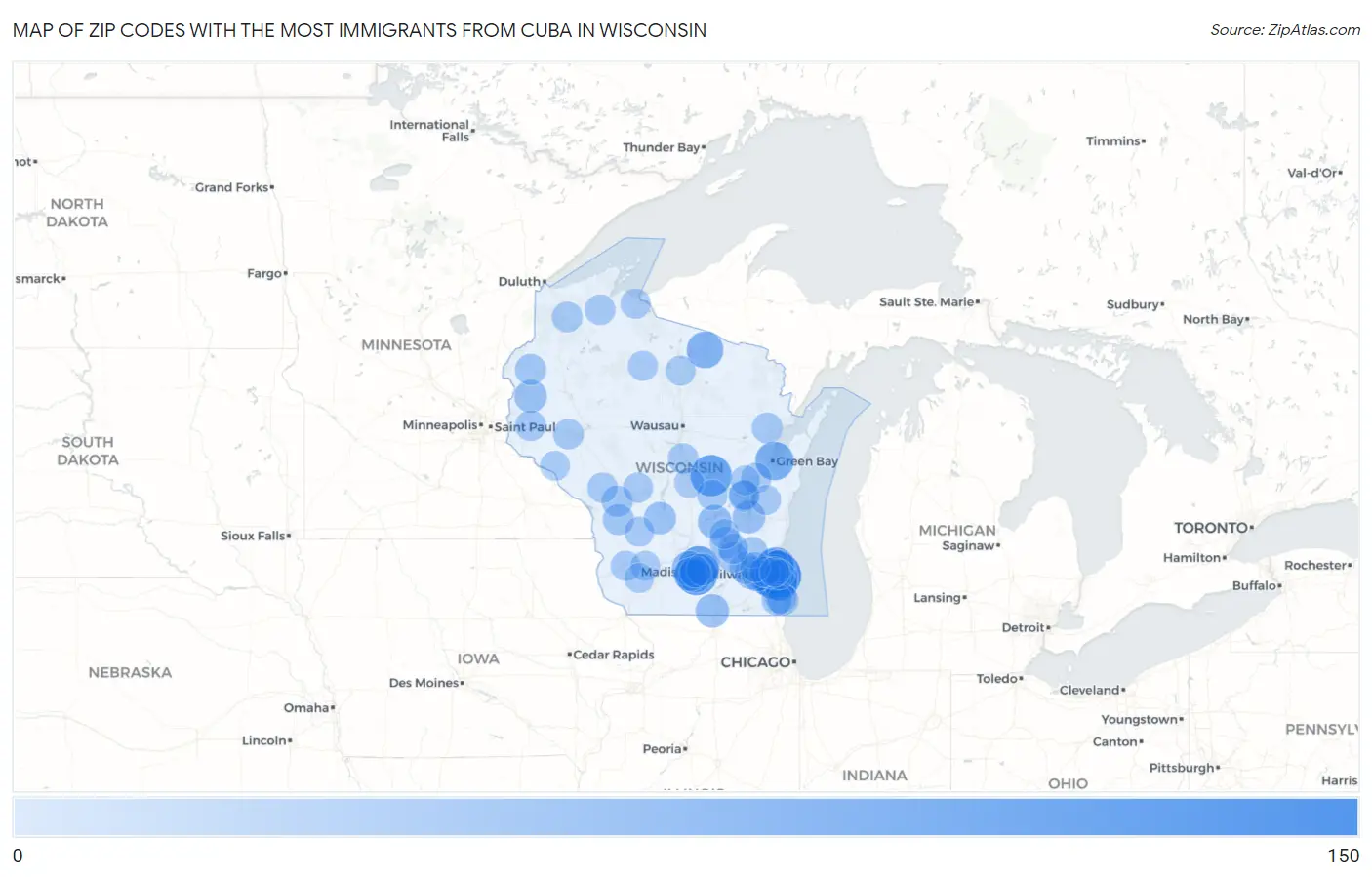 Zip Codes with the Most Immigrants from Cuba in Wisconsin Map