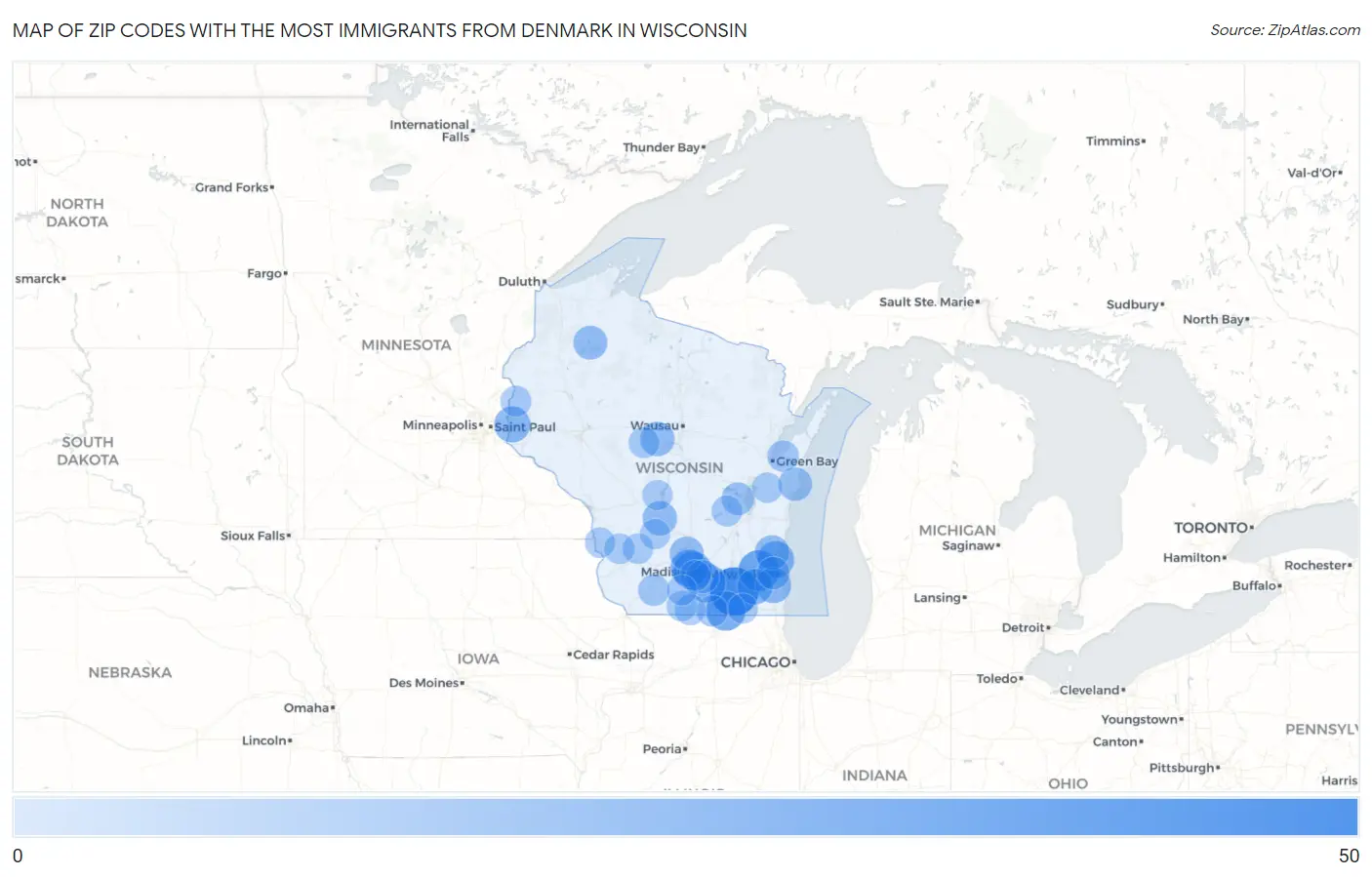 Zip Codes with the Most Immigrants from Denmark in Wisconsin Map