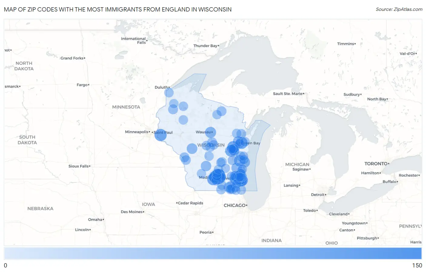 Zip Codes with the Most Immigrants from England in Wisconsin Map