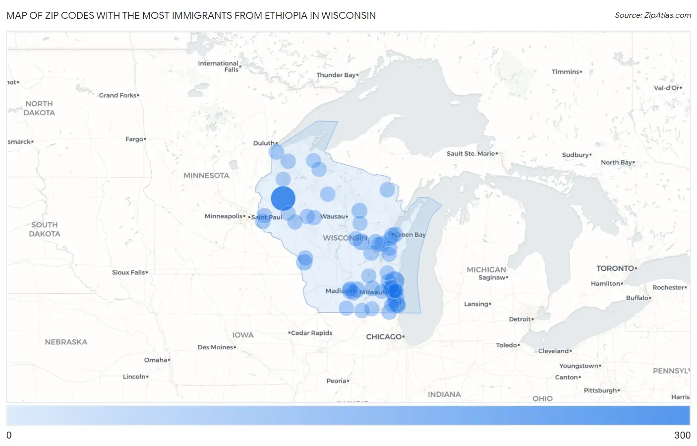 Zip Codes with the Most Immigrants from Ethiopia in Wisconsin Map