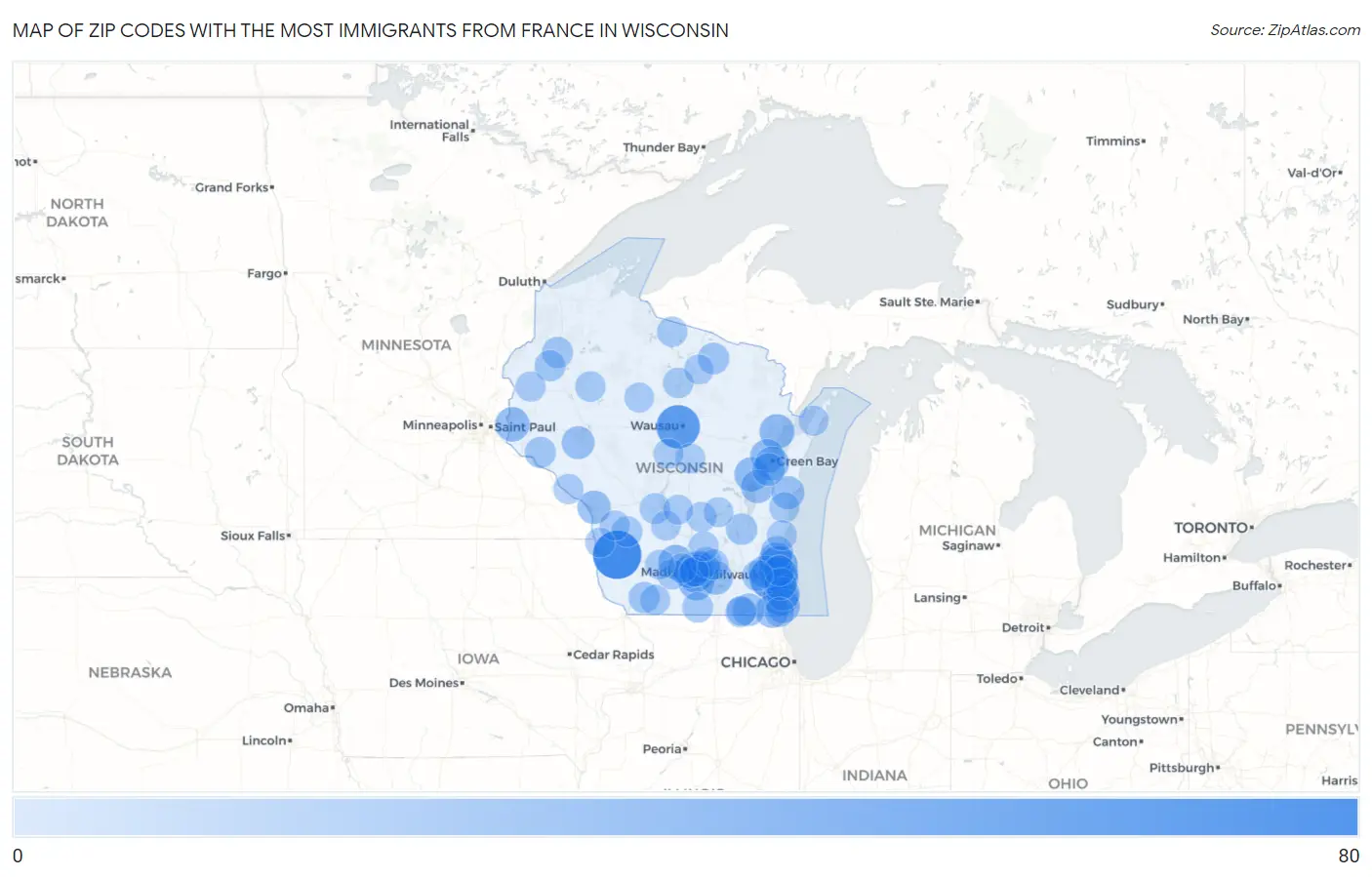 Zip Codes with the Most Immigrants from France in Wisconsin Map