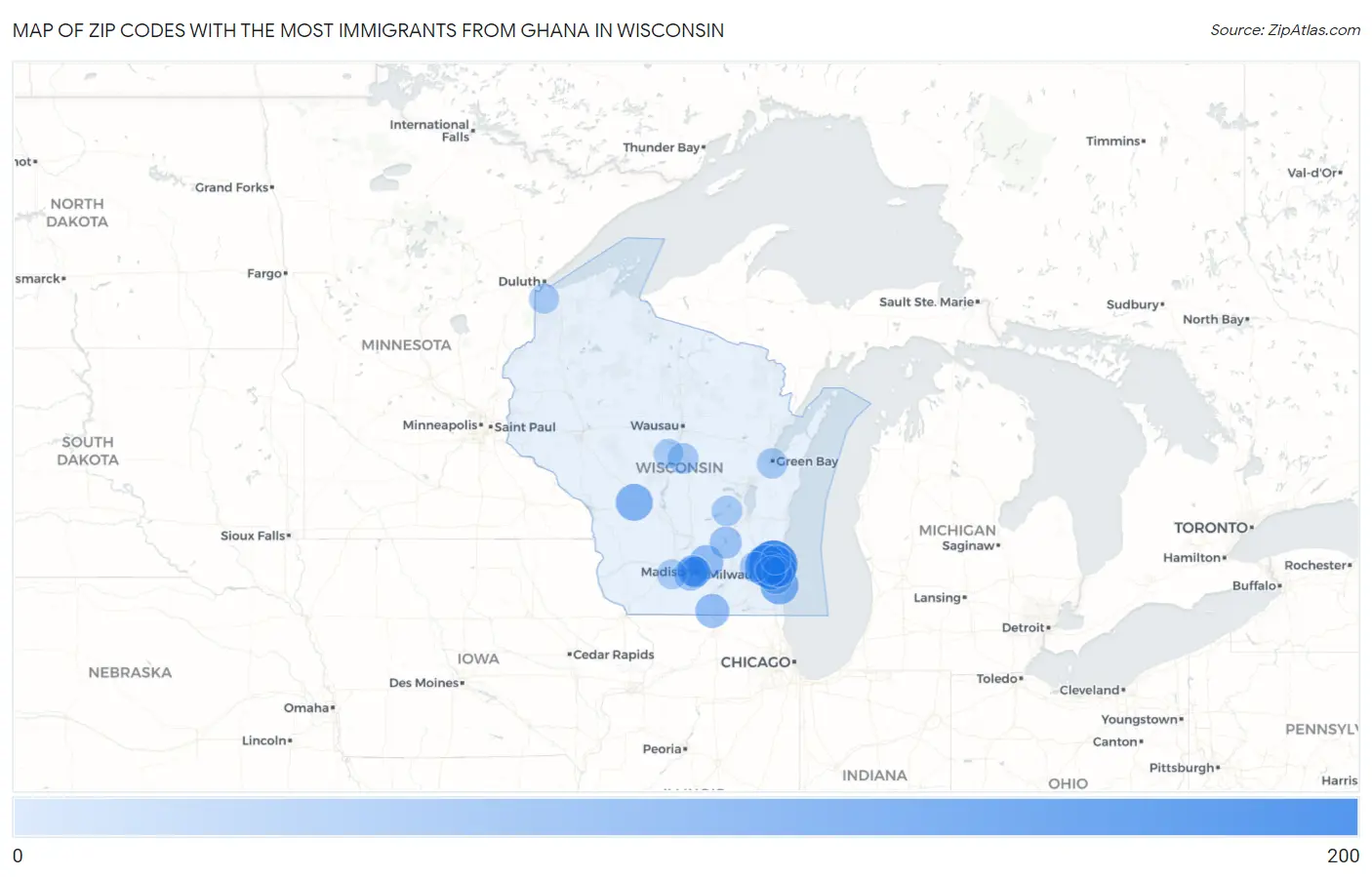 Zip Codes with the Most Immigrants from Ghana in Wisconsin Map