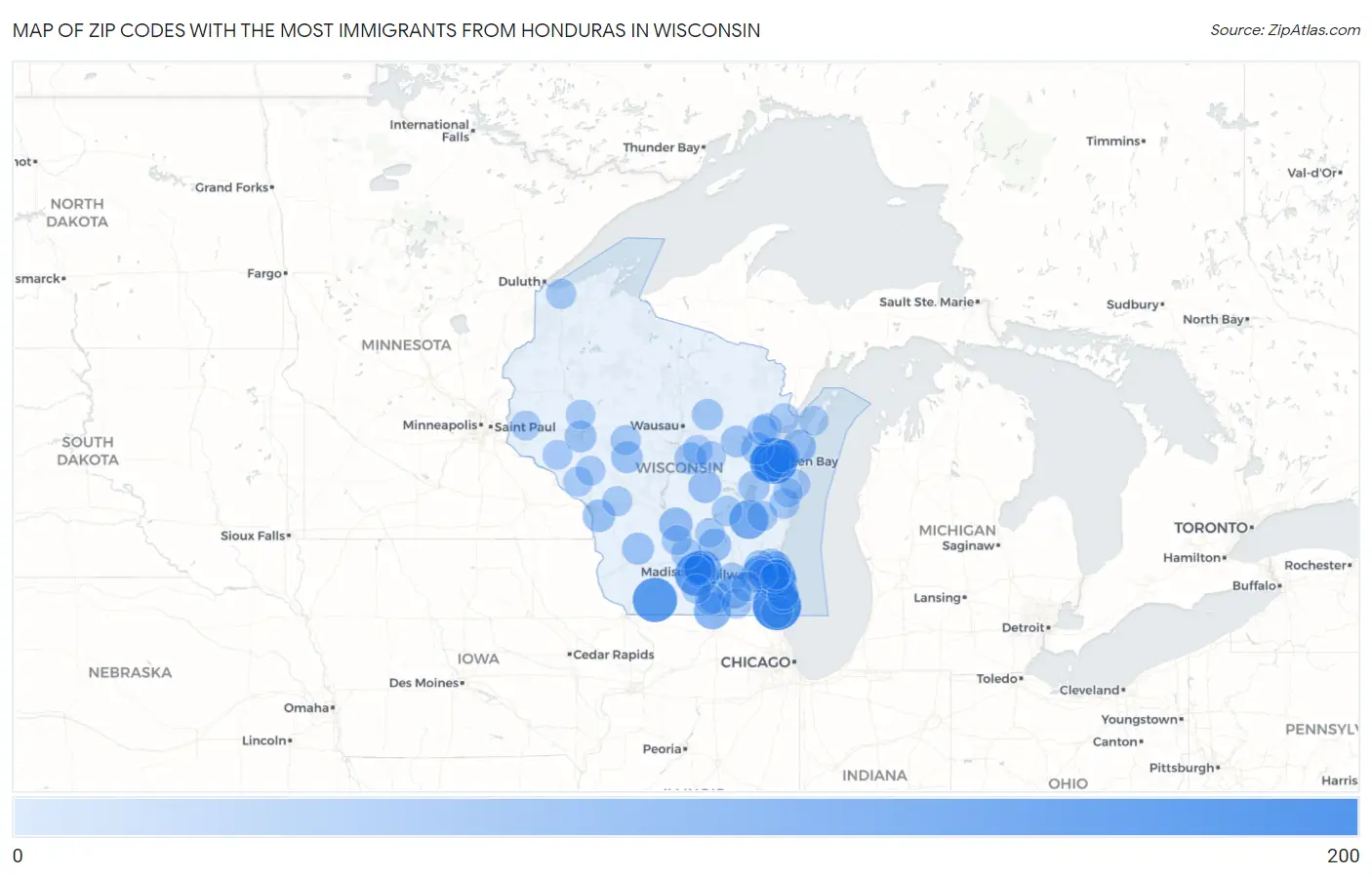 Zip Codes with the Most Immigrants from Honduras in Wisconsin Map