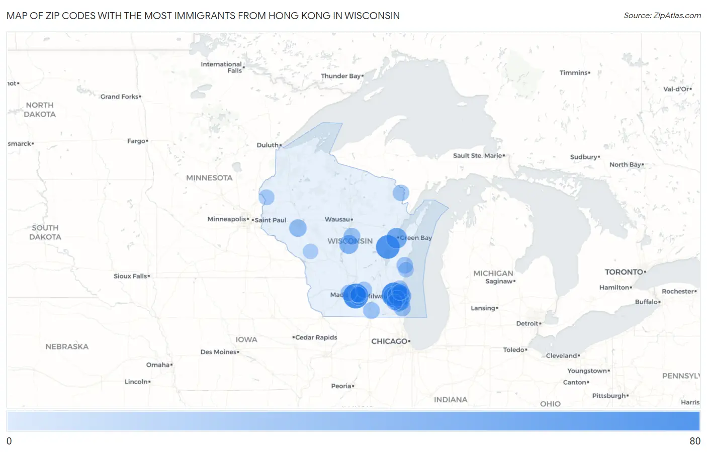 Zip Codes with the Most Immigrants from Hong Kong in Wisconsin Map