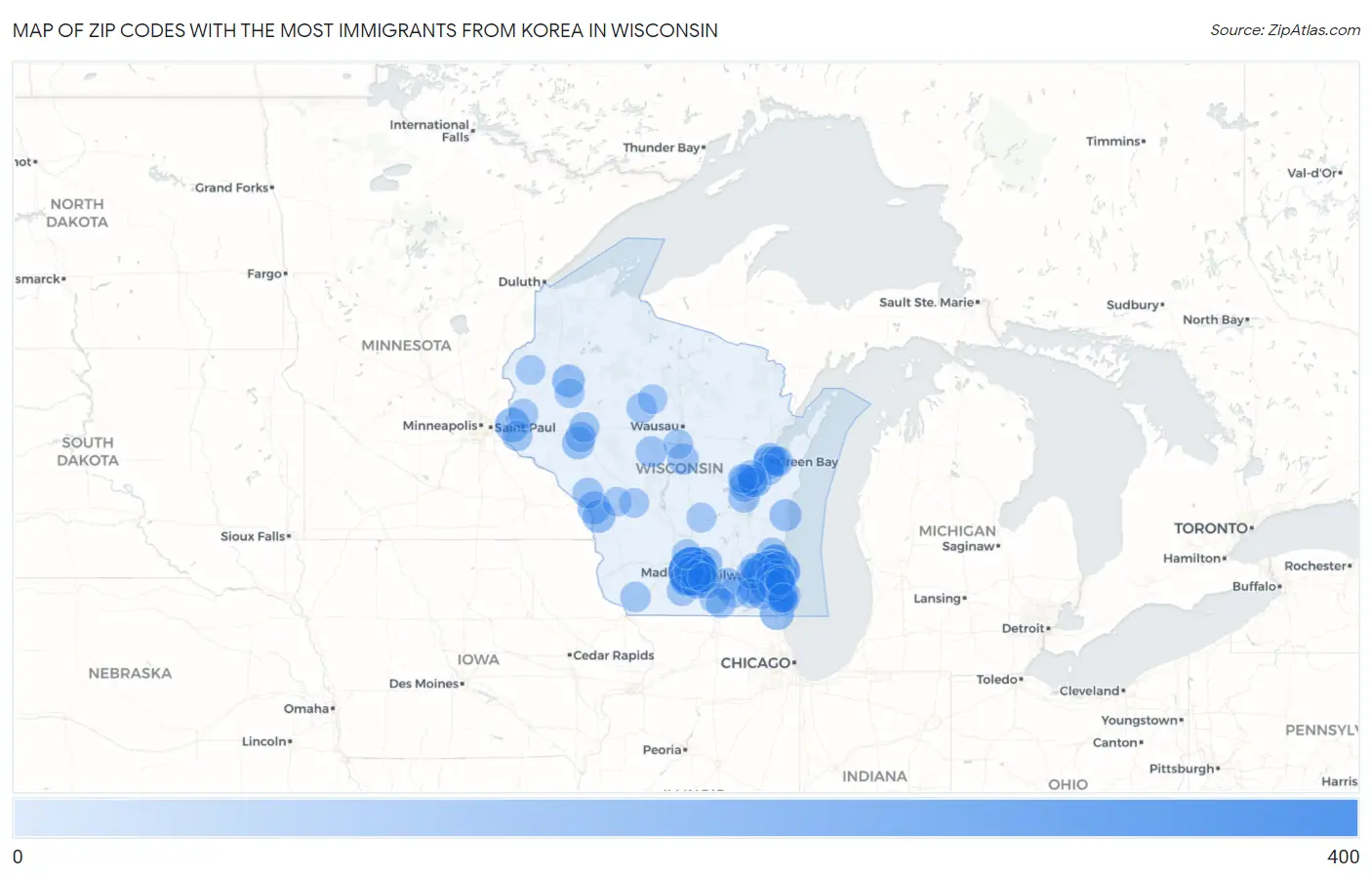 Zip Codes with the Most Immigrants from Korea in Wisconsin Map
