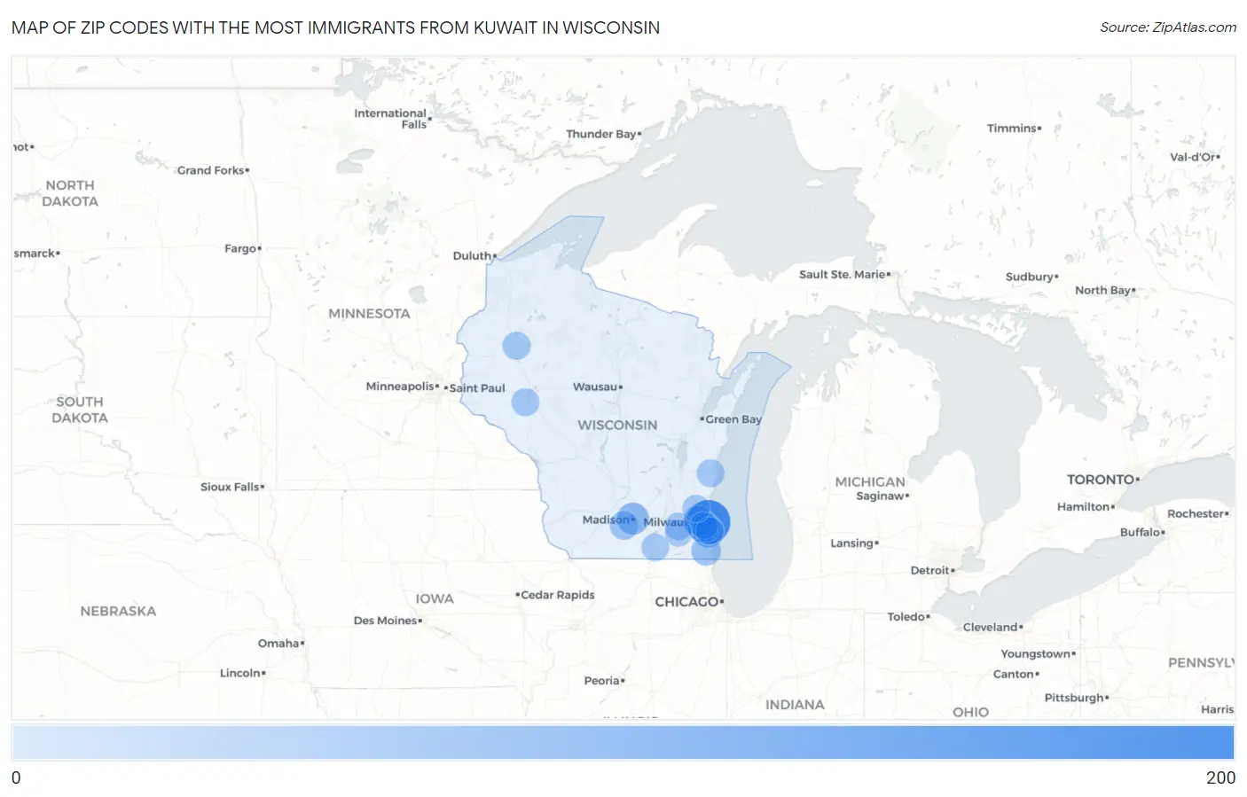 Zip Codes with the Most Immigrants from Kuwait in Wisconsin Map