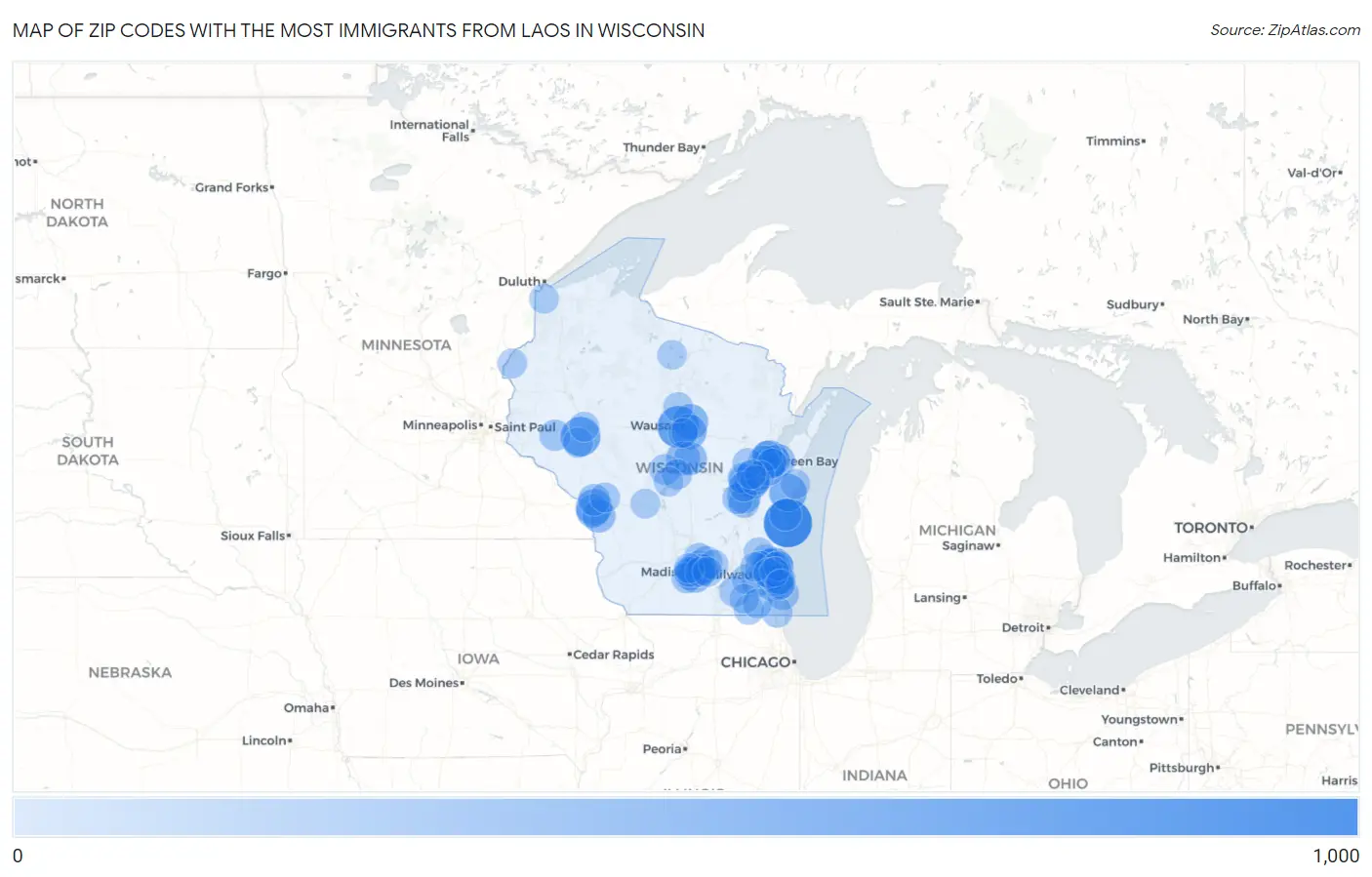 Zip Codes with the Most Immigrants from Laos in Wisconsin Map