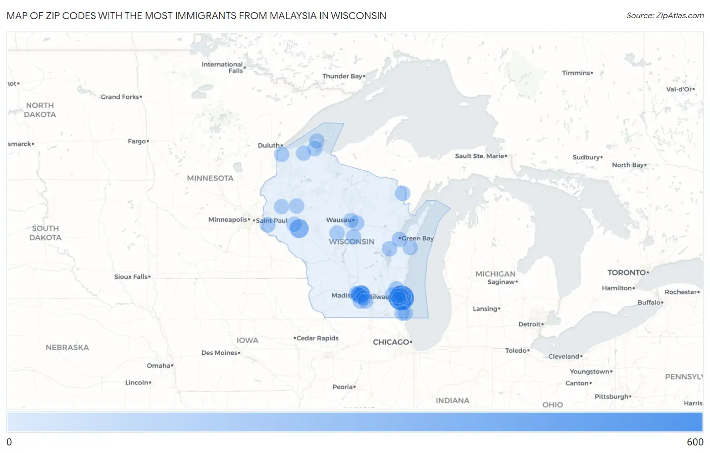 Zip Codes with the Most Immigrants from Malaysia in Wisconsin Map
