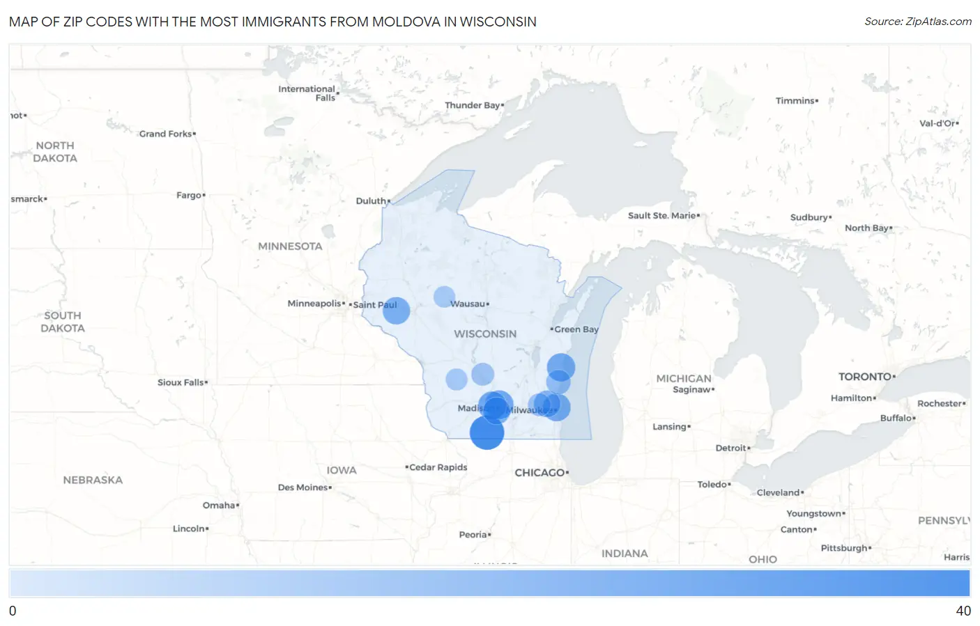Zip Codes with the Most Immigrants from Moldova in Wisconsin Map
