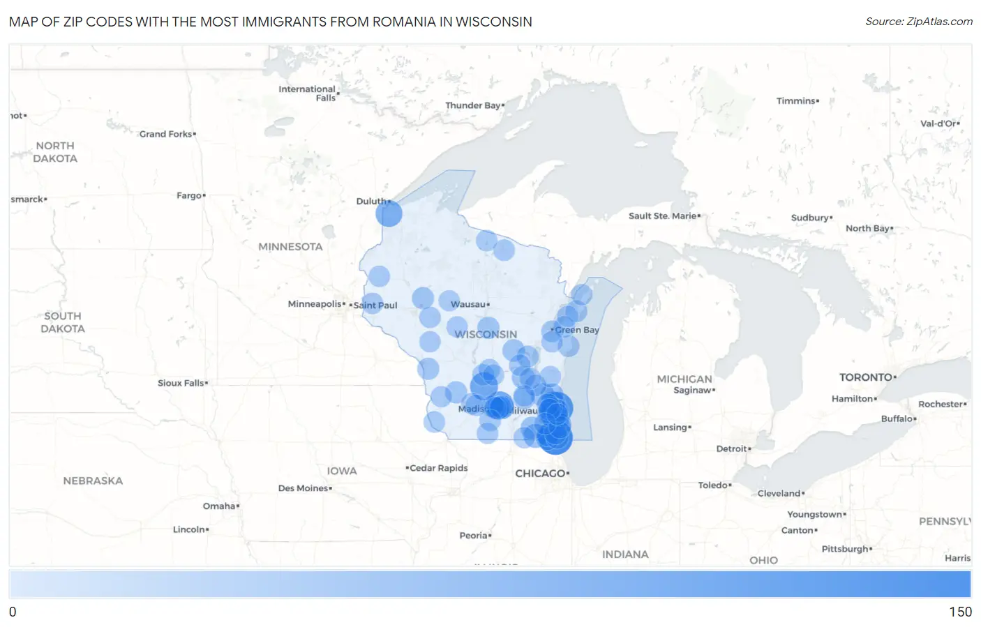 Zip Codes with the Most Immigrants from Romania in Wisconsin Map