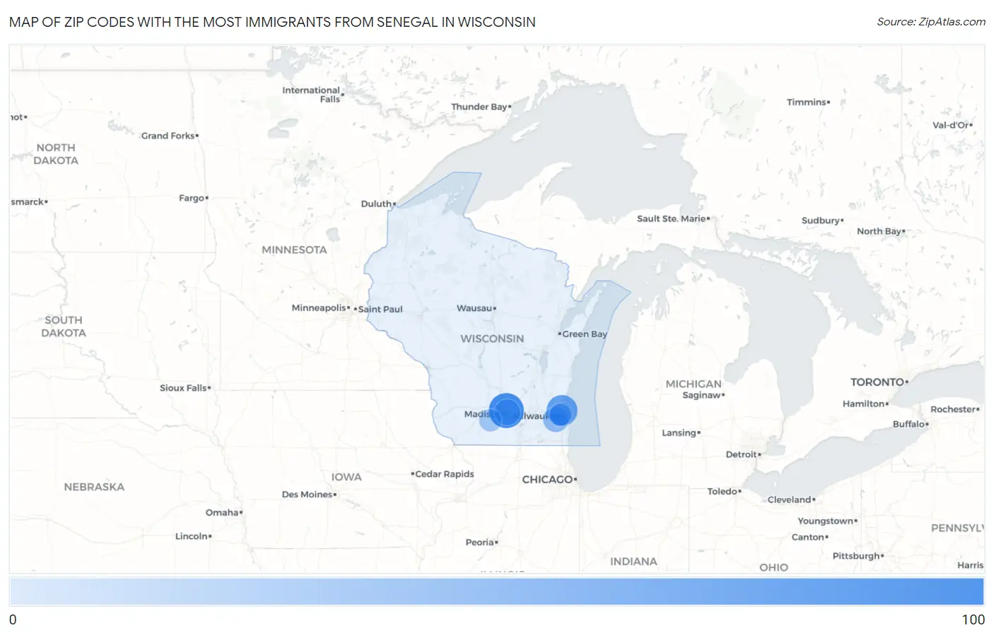 Zip Codes with the Most Immigrants from Senegal in Wisconsin Map