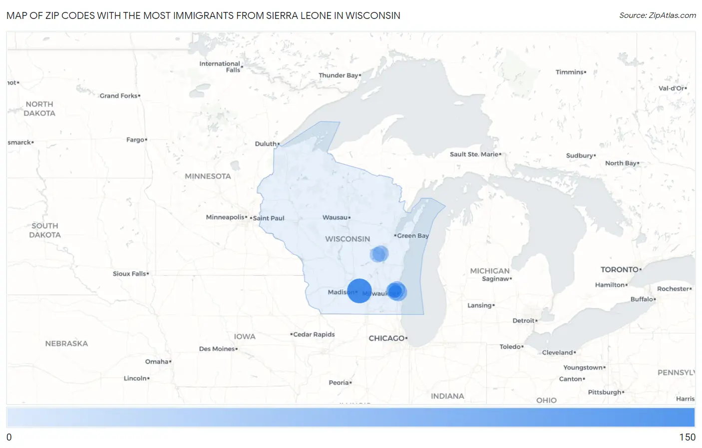 Zip Codes with the Most Immigrants from Sierra Leone in Wisconsin Map