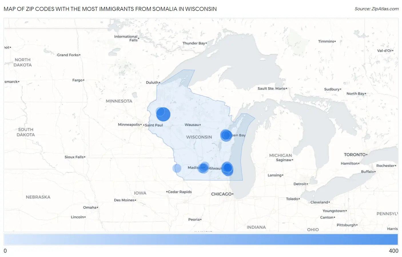 Zip Codes with the Most Immigrants from Somalia in Wisconsin Map