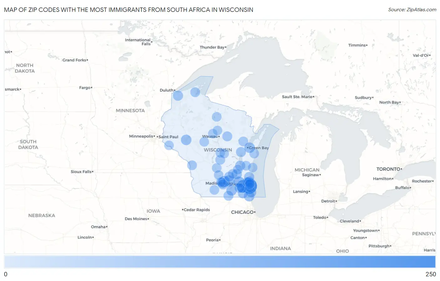 Zip Codes with the Most Immigrants from South Africa in Wisconsin Map