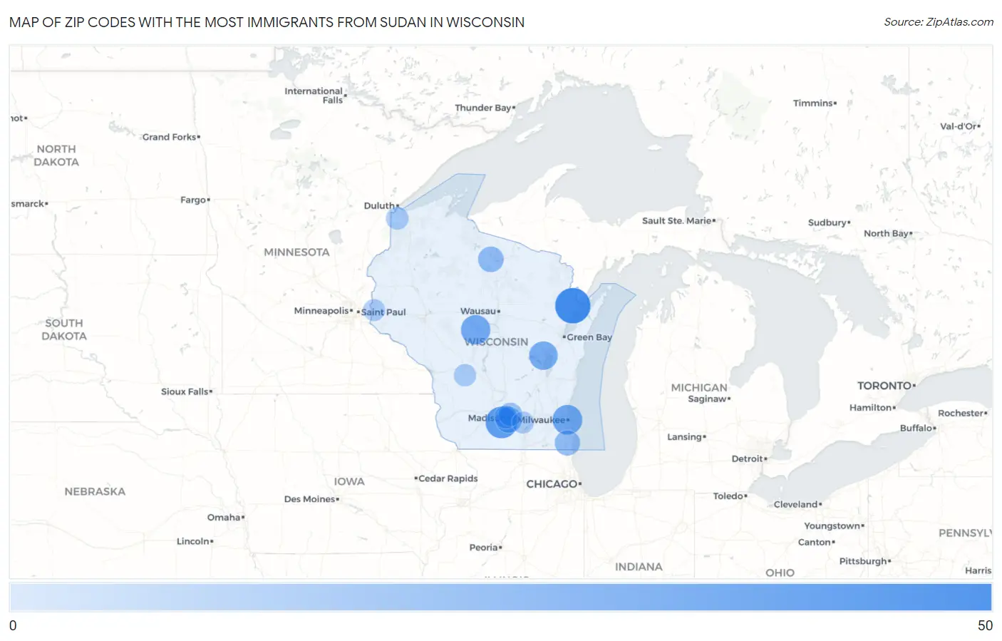Zip Codes with the Most Immigrants from Sudan in Wisconsin Map