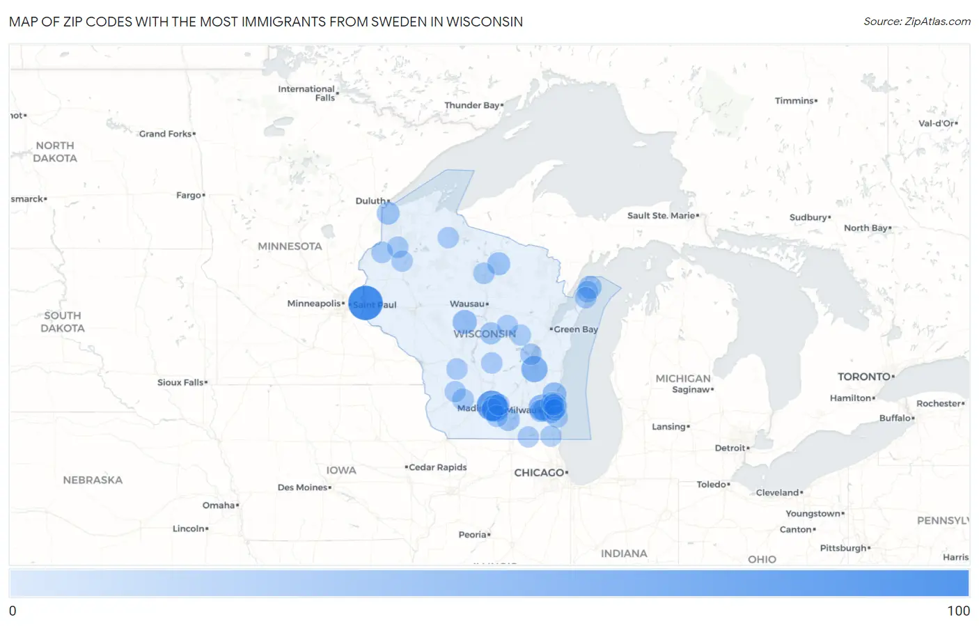 Zip Codes with the Most Immigrants from Sweden in Wisconsin Map