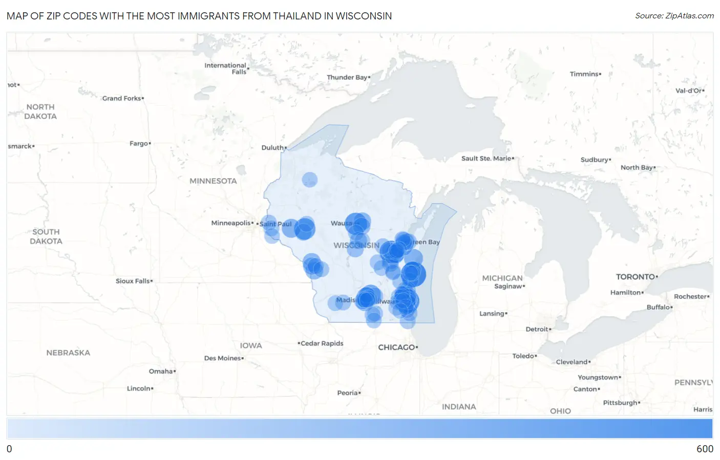 Zip Codes with the Most Immigrants from Thailand in Wisconsin Map