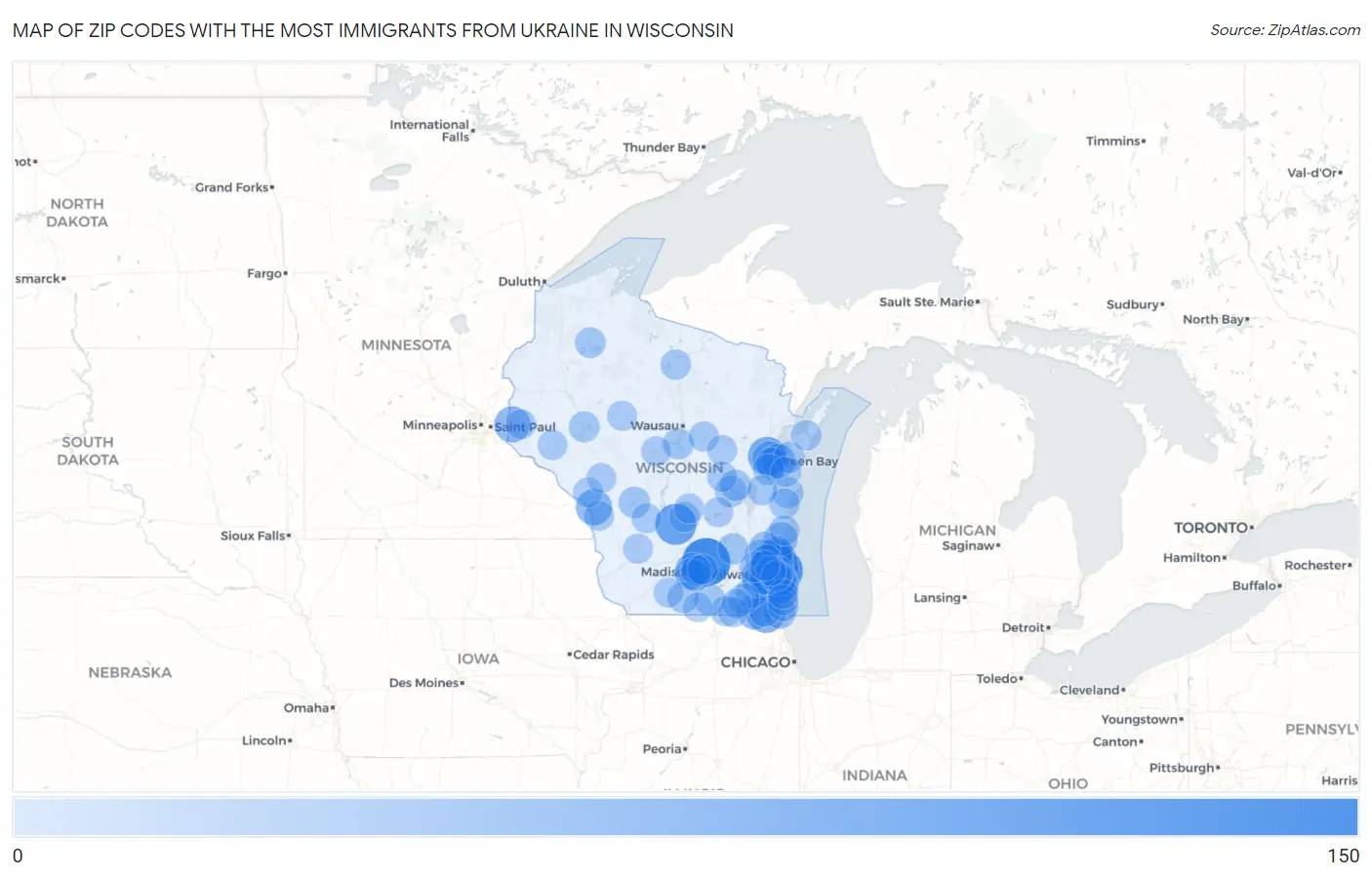 Zip Codes with the Most Immigrants from Ukraine in Wisconsin Map