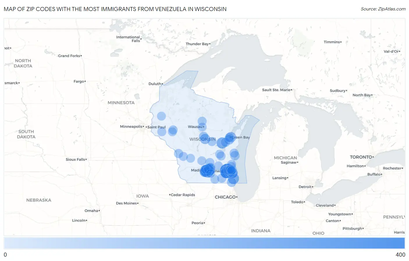 Zip Codes with the Most Immigrants from Venezuela in Wisconsin Map