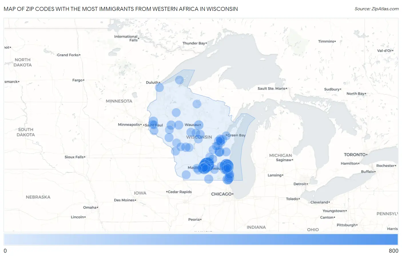 Zip Codes with the Most Immigrants from Western Africa in Wisconsin Map