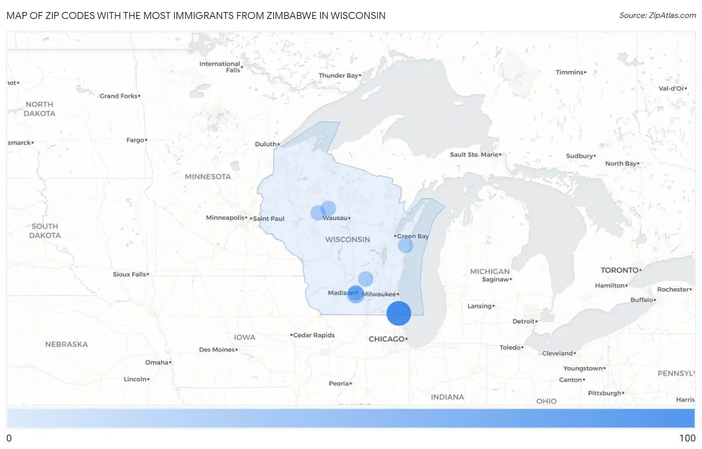 Zip Codes with the Most Immigrants from Zimbabwe in Wisconsin Map
