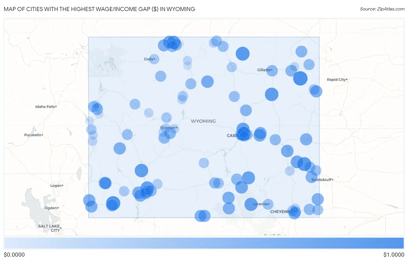 Cities with the Highest Wage/Income Gap ($) in Wyoming Map