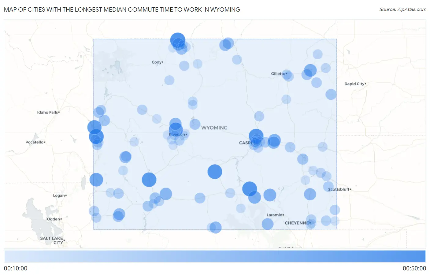 Cities with the Longest Median Commute Time to Work in Wyoming Map