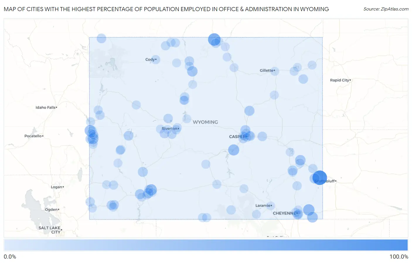 Cities with the Highest Percentage of Population Employed in Office & Administration in Wyoming Map