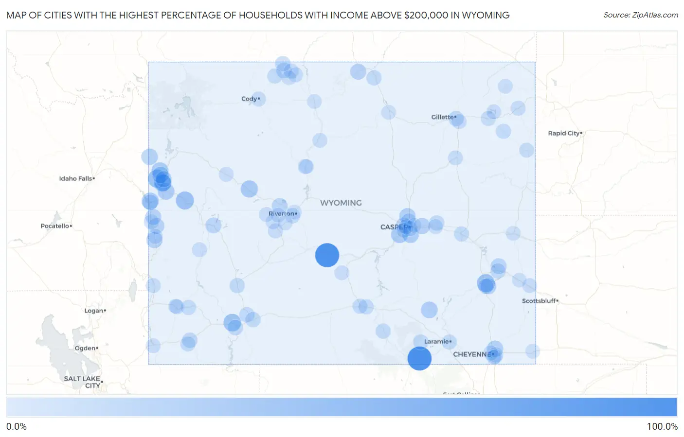 Cities with the Highest Percentage of Households with Income Above $200,000 in Wyoming Map