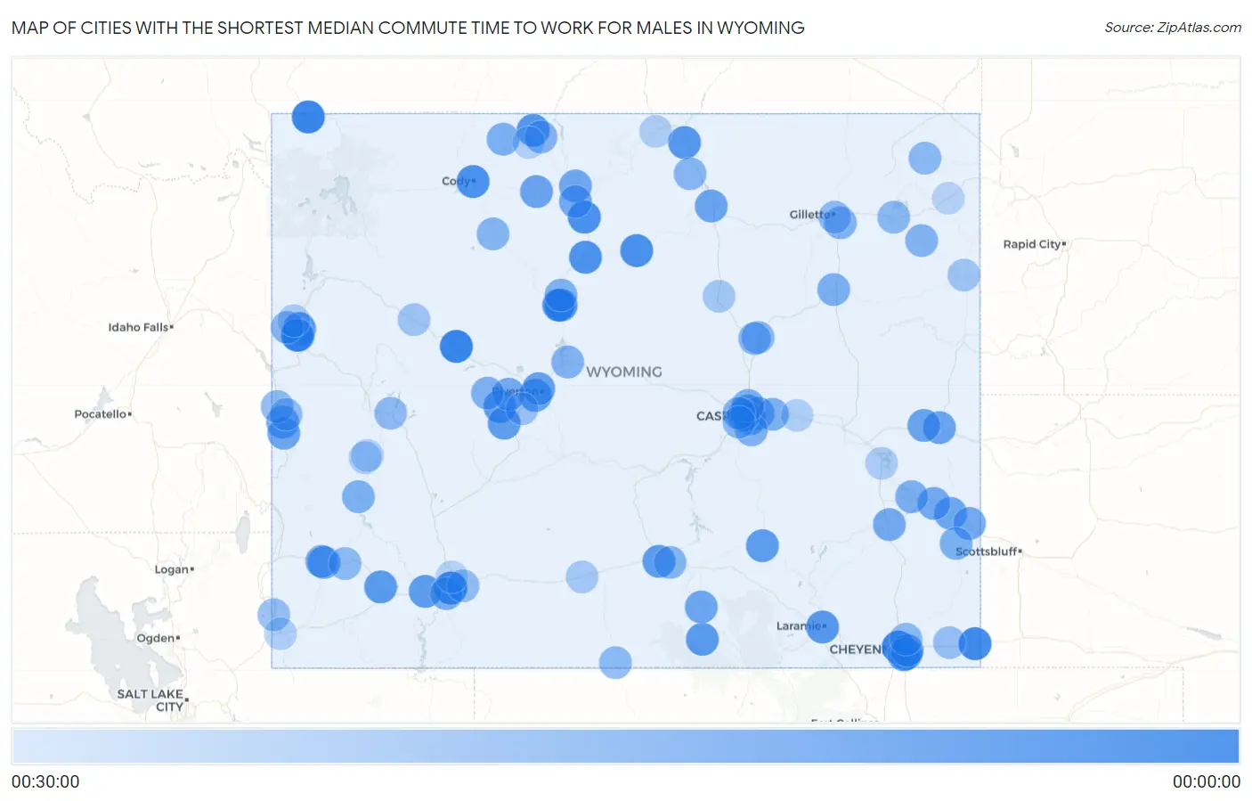 Cities with the Shortest Median Commute Time to Work for Males in Wyoming Map