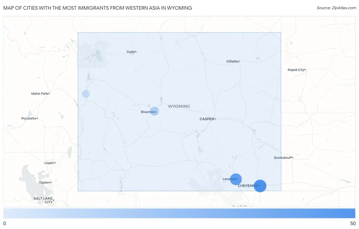 Cities with the Most Immigrants from Western Asia in Wyoming Map