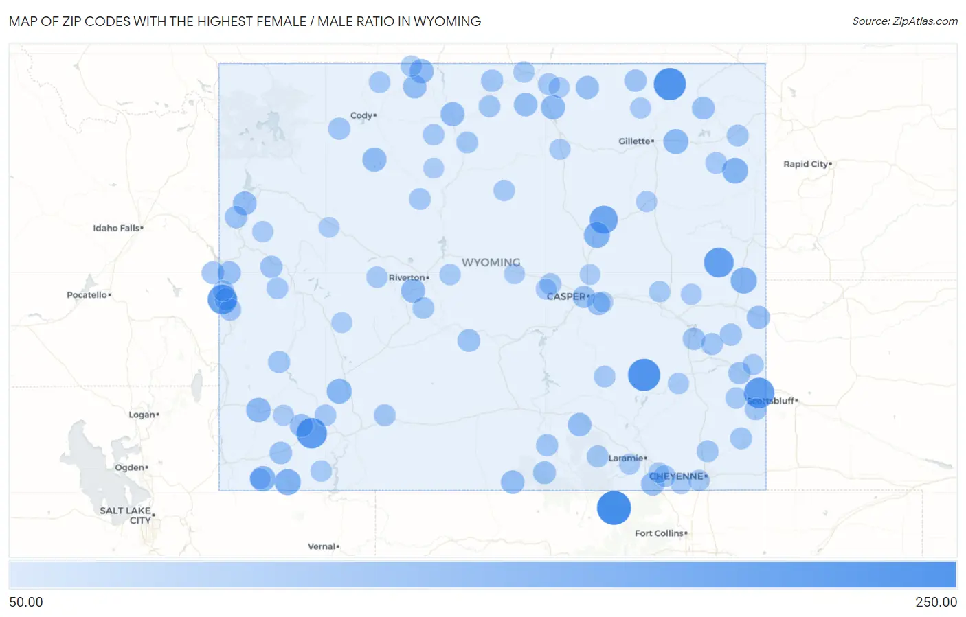 Zip Codes with the Highest Female / Male Ratio in Wyoming Map