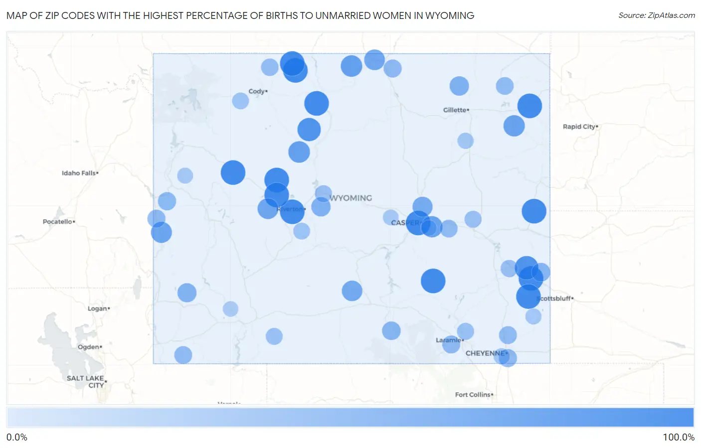 Zip Codes with the Highest Percentage of Births to Unmarried Women in Wyoming Map